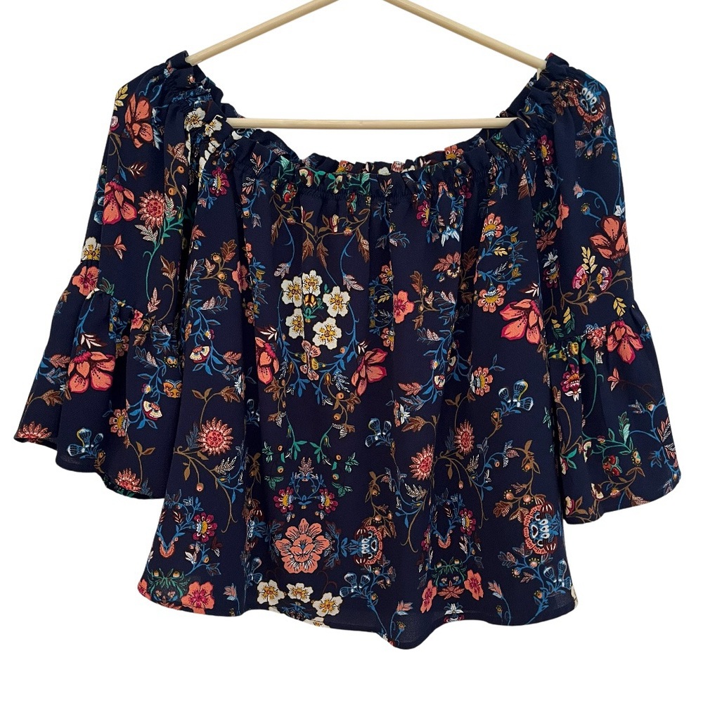 Love Tree Womens L Navy Blue Floral Blouse Bell Sleeves Off The Shoulder Relaxed